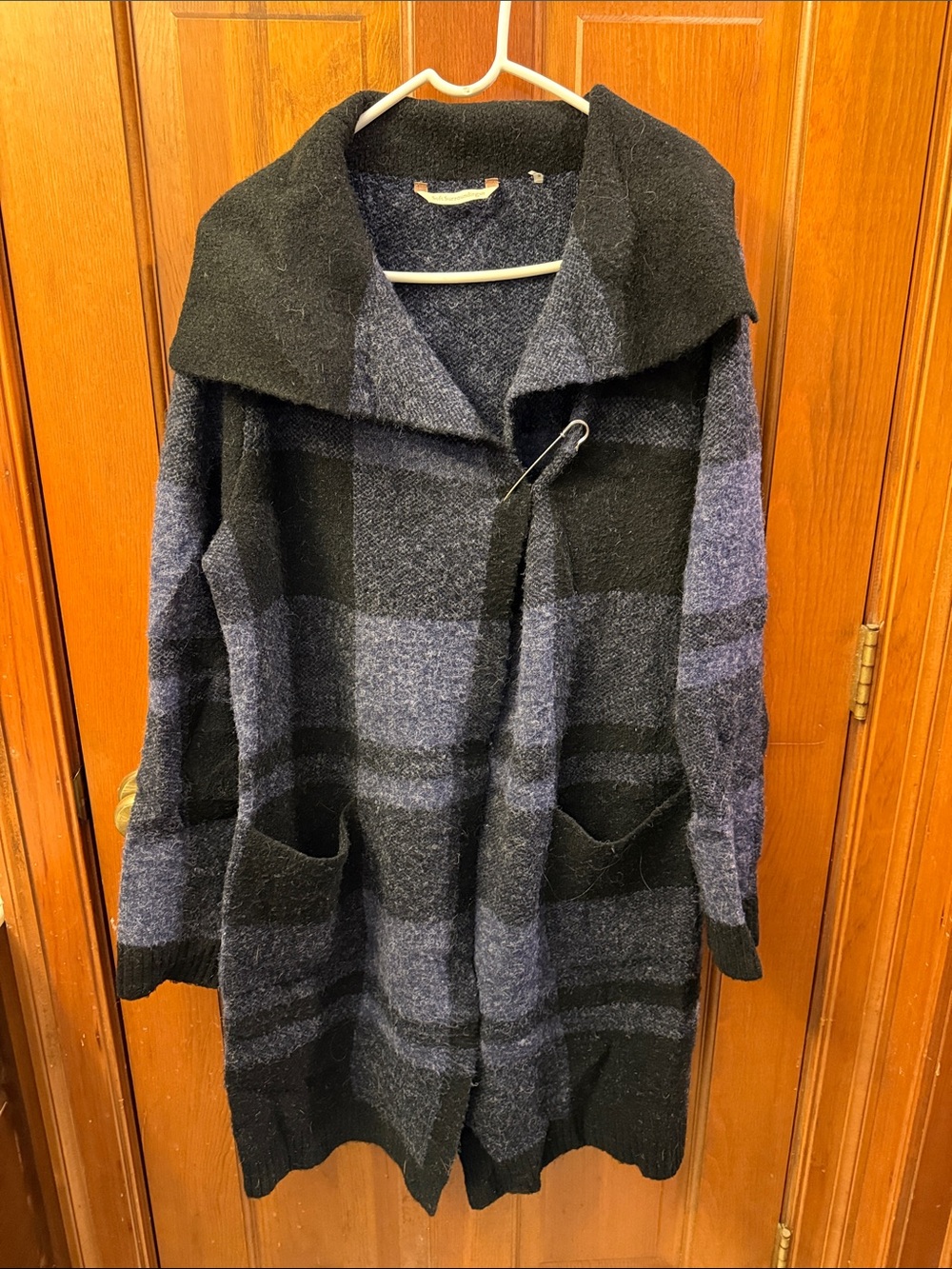 Soft Surroundings Black & Charcoal Plaid Coatigan with Shawl Collar
